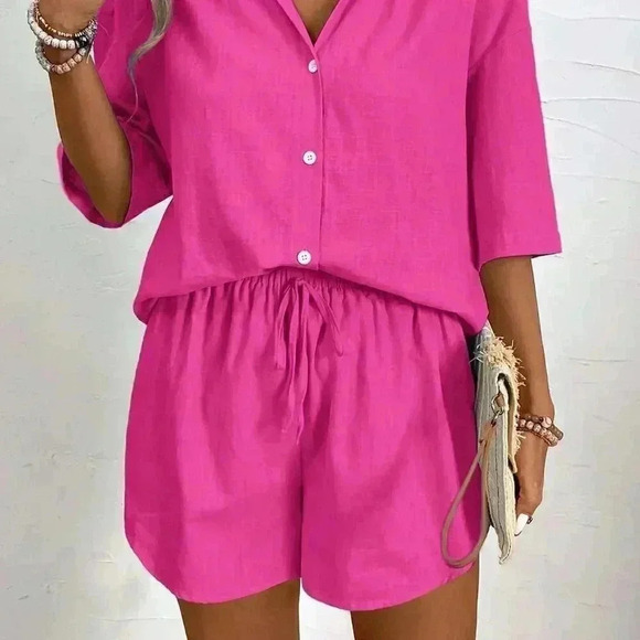 Hot Pink Casual Women's Summer Solid Color Drop-Shoulder Shirt And Loose Shorts - Picture 4 of 7
